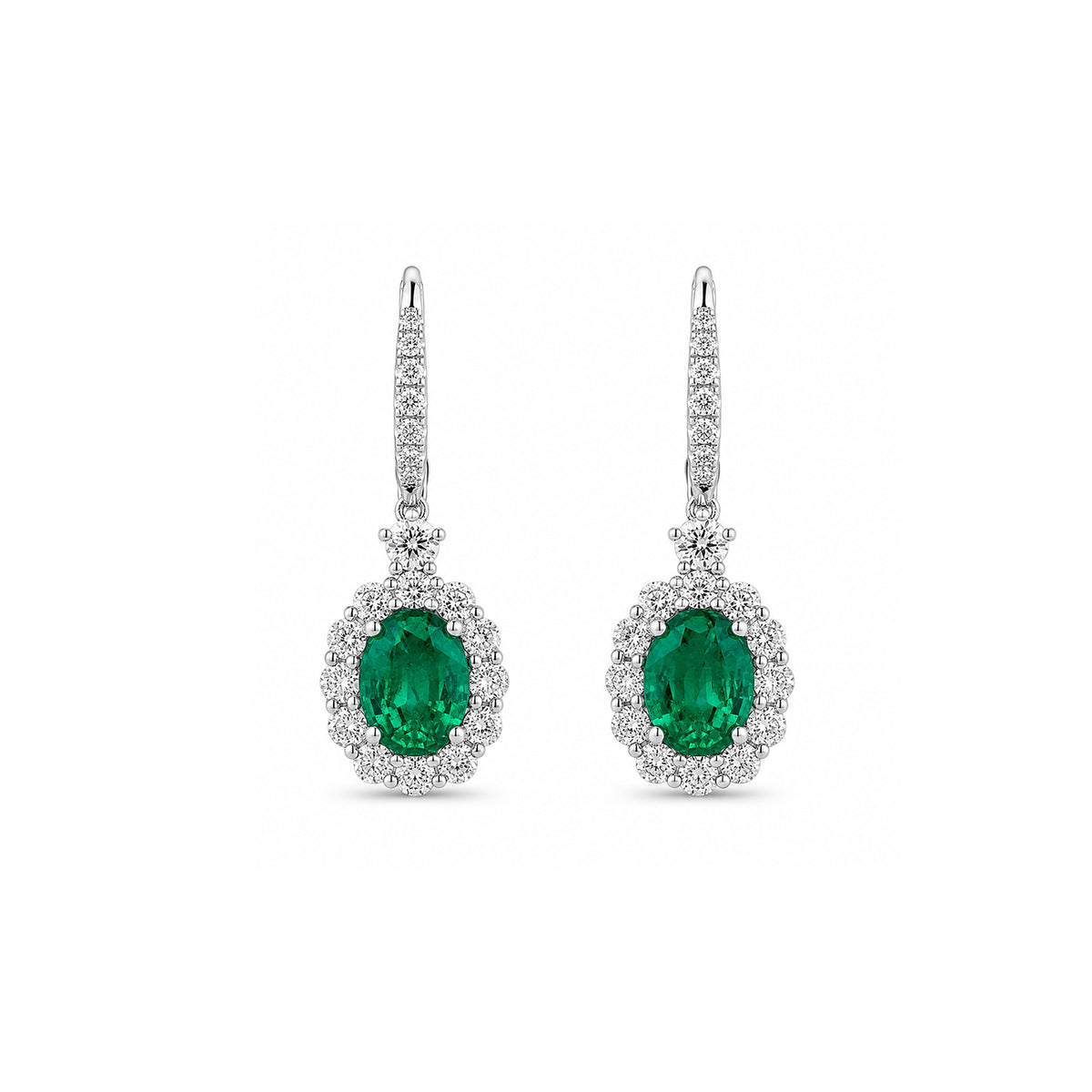 Oval Emerald & Diamond Halo Drop Earrings