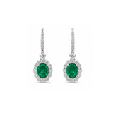 Oval Emerald & Diamond Halo Drop Earrings-Oval Emerald & Diamond Halo Drop Earrings