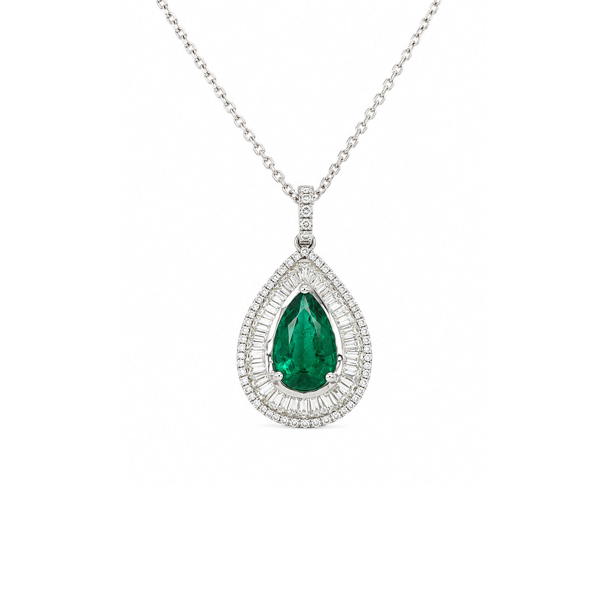 Pear Cut Emerald Diamond Double Halo Pendant Necklace