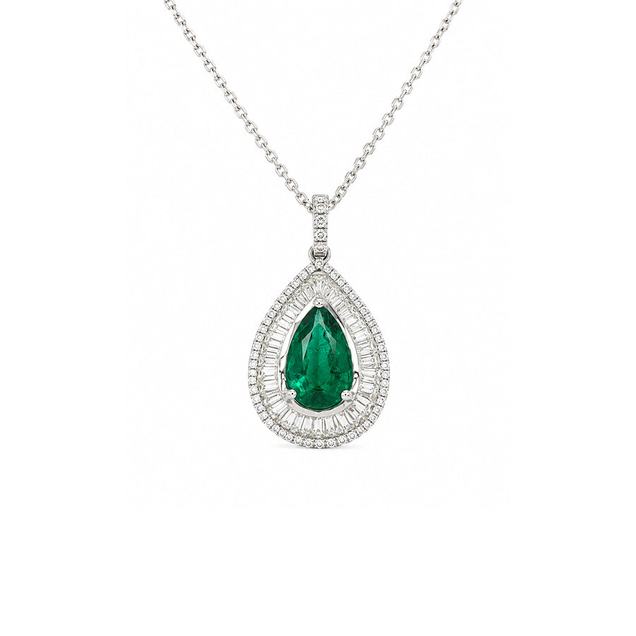Pear Cut Emerald Diamond Double Halo Pendant Necklace