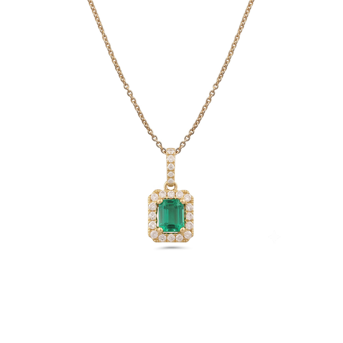 Emerald Cut Emerald Diamond Halo Pendant and Chain