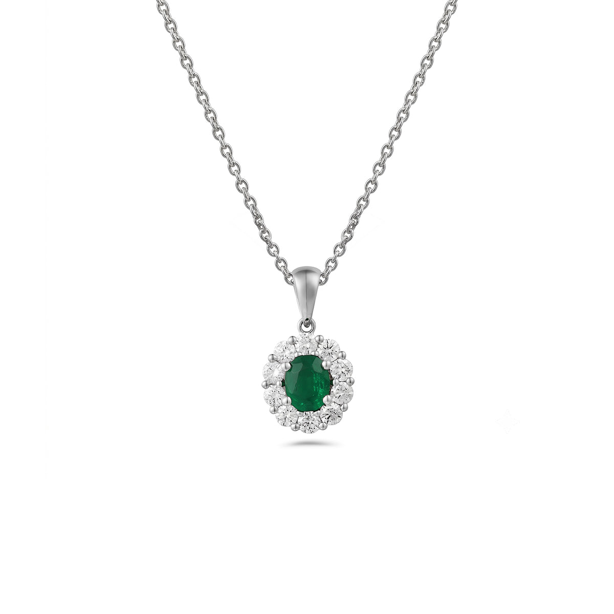 Oval Brilliant Cut Emerald Diamond Halo Pendant and Chain