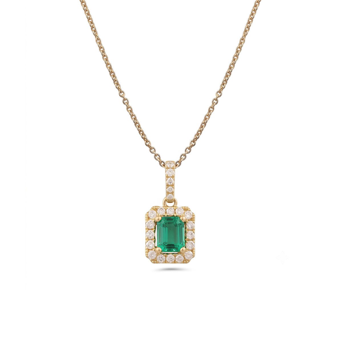 Emerald Cut Emerald Diamond Halo Pendant and Chain