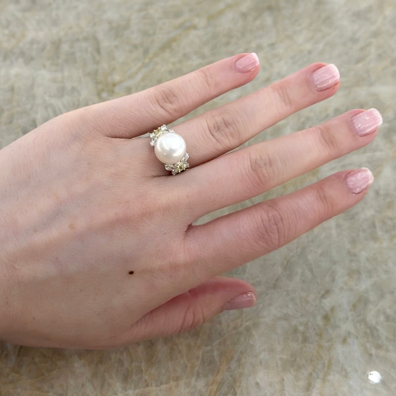White South Sea Pearl Diamond Ring-White South Sea Pearl Diamond Ring