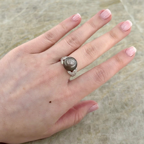 Black South Sea Pearl Diamond Ring-Black South Sea Pearl Diamond Ring