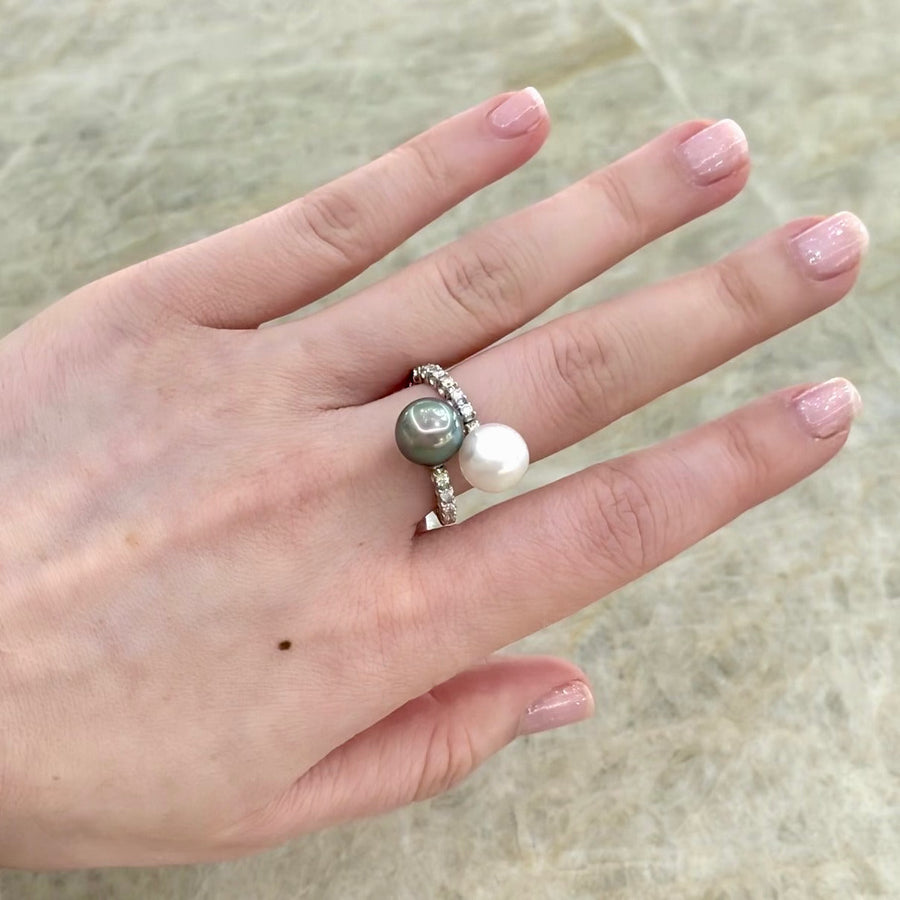 Black and White South Sea Pearl Diamond Bypass Ring