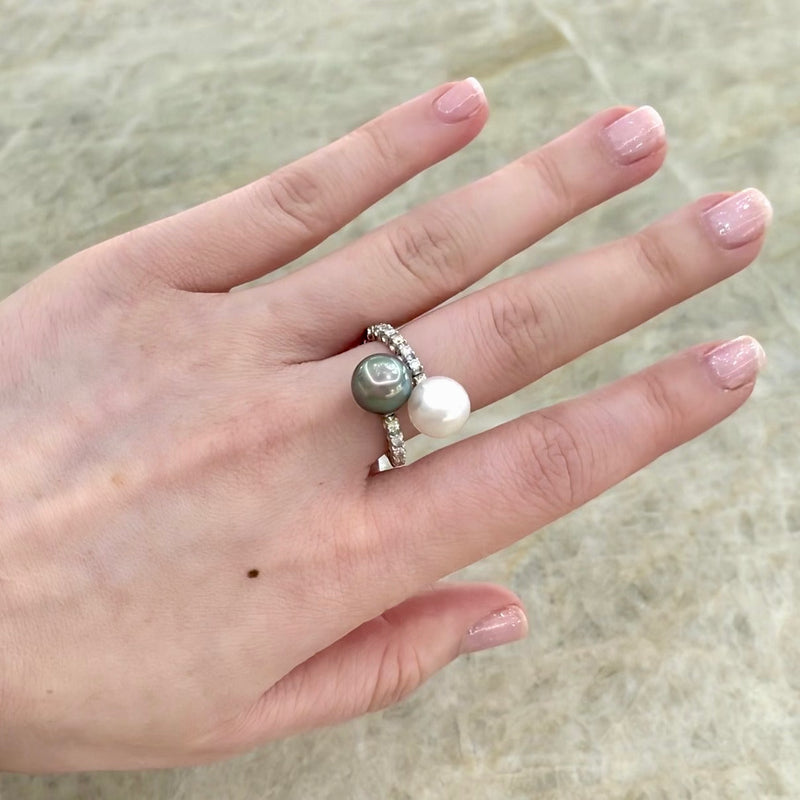 Black and White South Sea Pearl Diamond Bypass Ring-Black and White South Sea Pearl Diamond Bypass Ring
