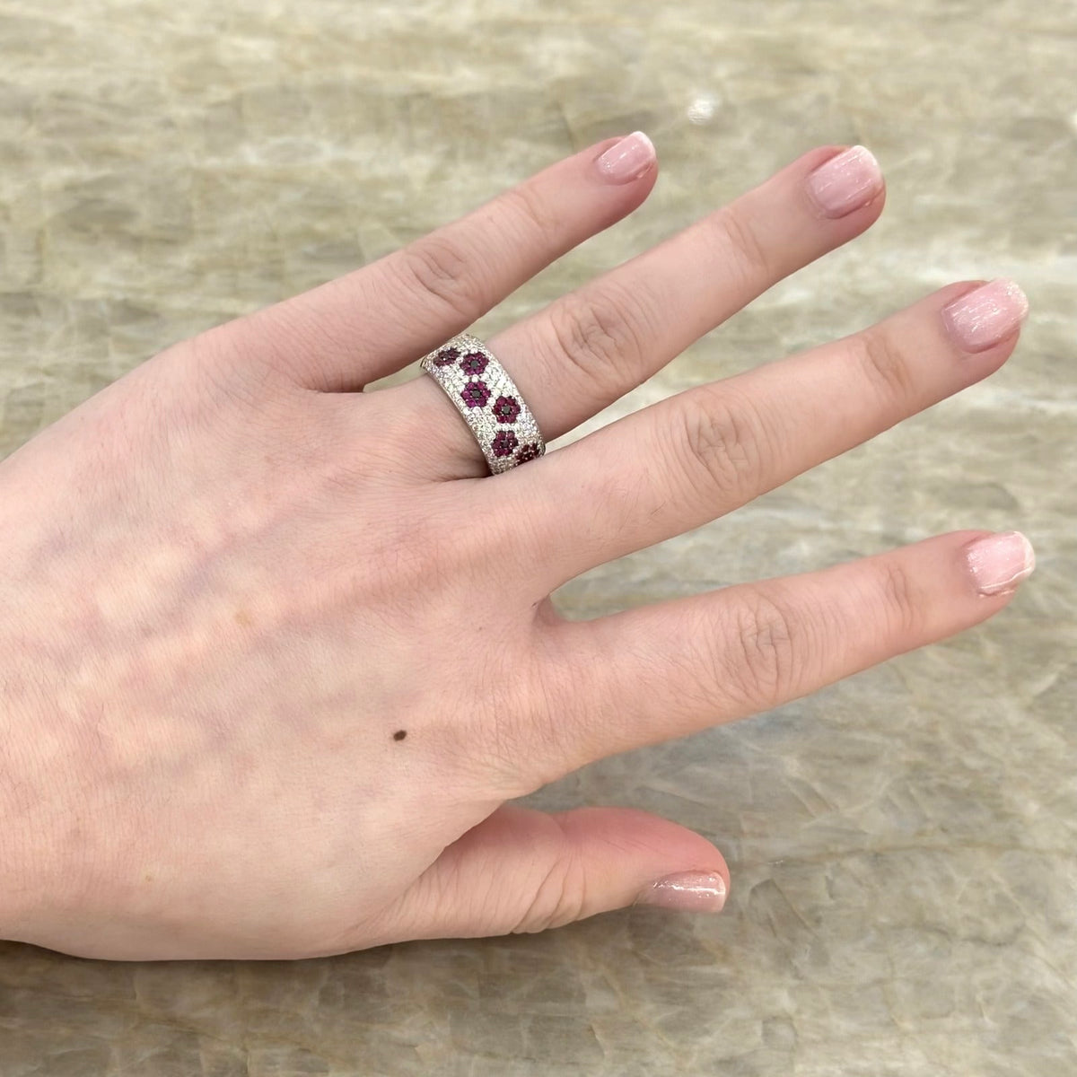 Bez Ambar Ruby Diamond Flower Halfway Band