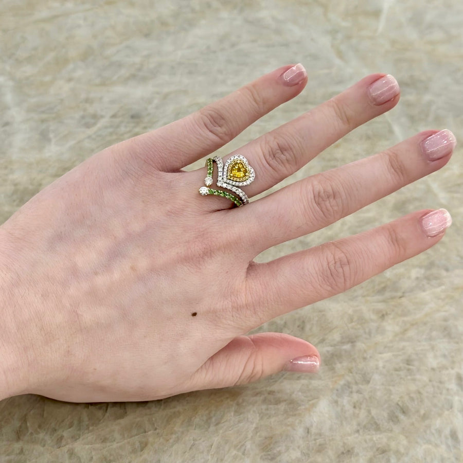 Heart Brilliant Cut Yellow Sapphire Double Diamond Halo V Ring