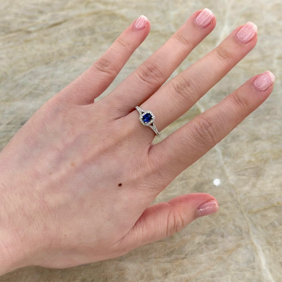 Sapphire Diamond Halo Split Shank Ring