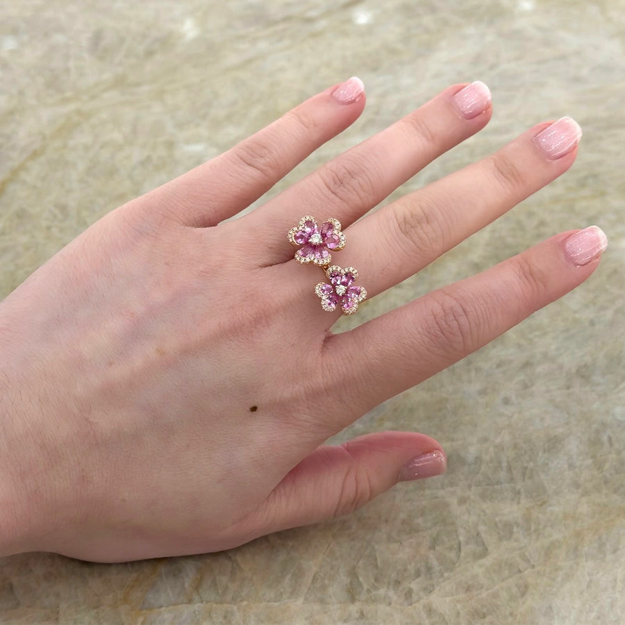 Pink Sapphire Diamond Double Clover Open Ring