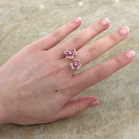 Pink Sapphire Diamond Double Clover Open Ring-Pink Sapphire Diamond Double Clover Open Ring