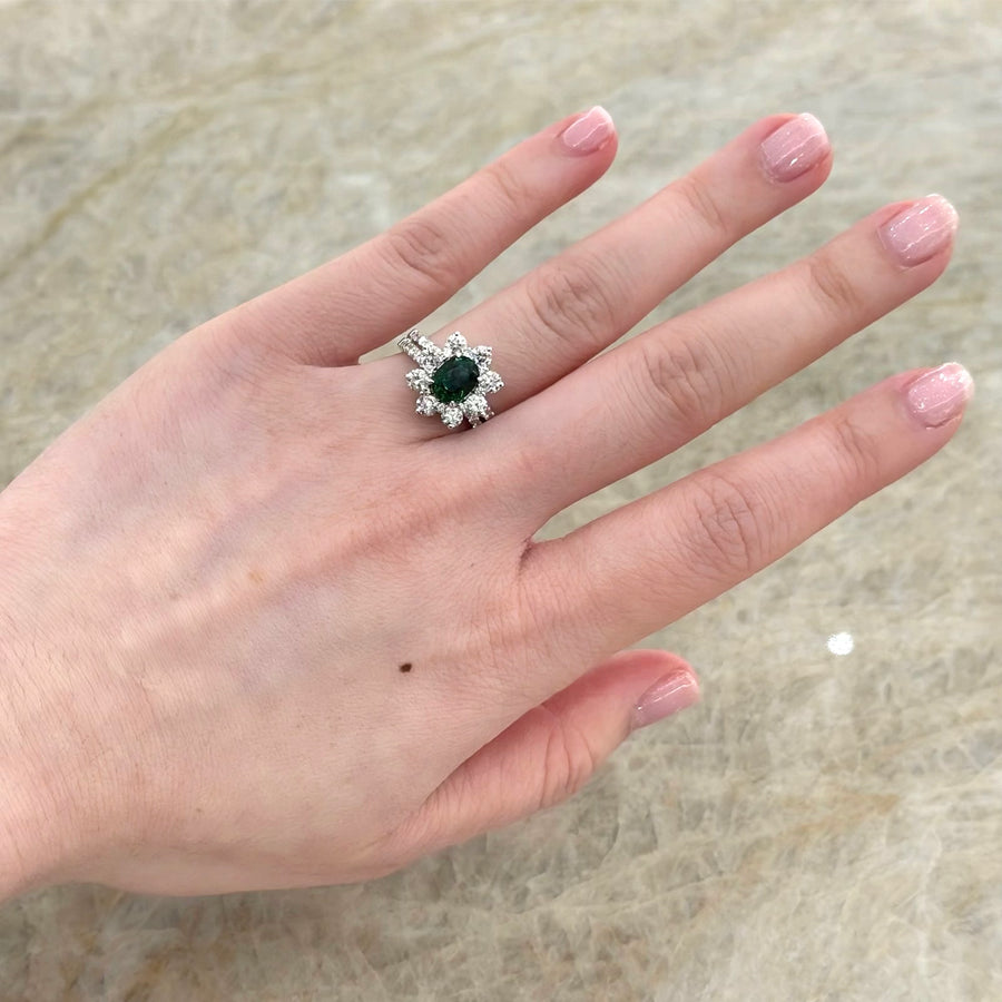 Oval Brilliant Cut Tsavorite Diamond Halo Split Shank Ring