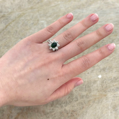 Oval Brilliant Cut Tsavorite Diamond Halo Split Shank Ring-Oval Brilliant Cut Tsavorite Diamond Halo Split Shank Ring