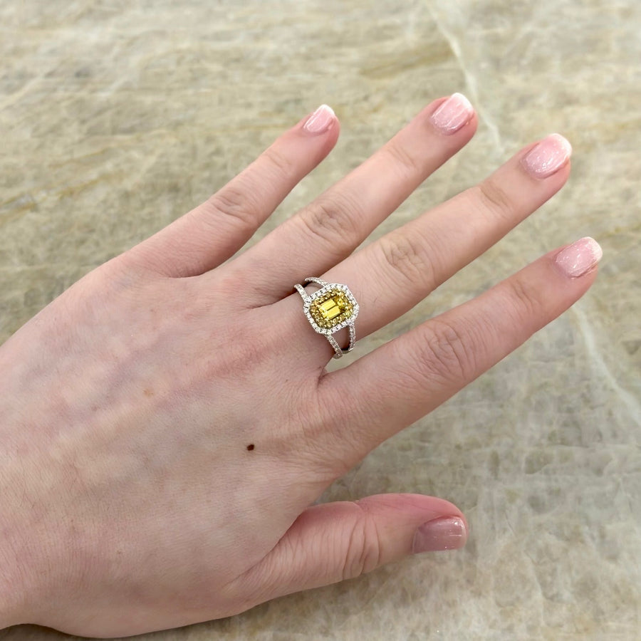 Yellow Sapphire Double Diamond Halo Split Shank Ring