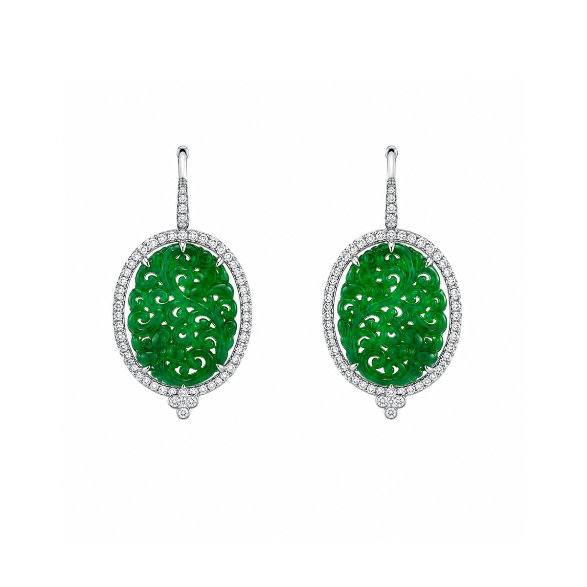 Hand-Carved Jade and Diamond Oval Halo Drop Earrings