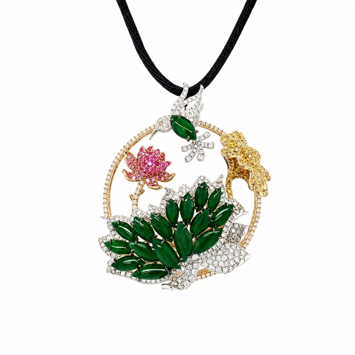 Hummingbird Feeds on Flower Jade Medallion Pendant and Cord Necklace