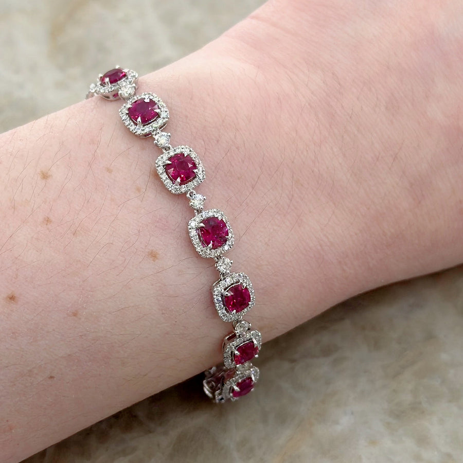 Cushion Cut Ruby Diamond Halo Line Bracelet