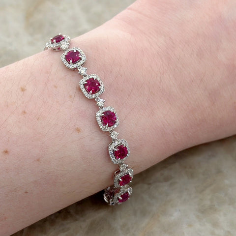 Cushion Cut Ruby Diamond Halo Line Bracelet-Cushion Cut Ruby Diamond Halo Line Bracelet