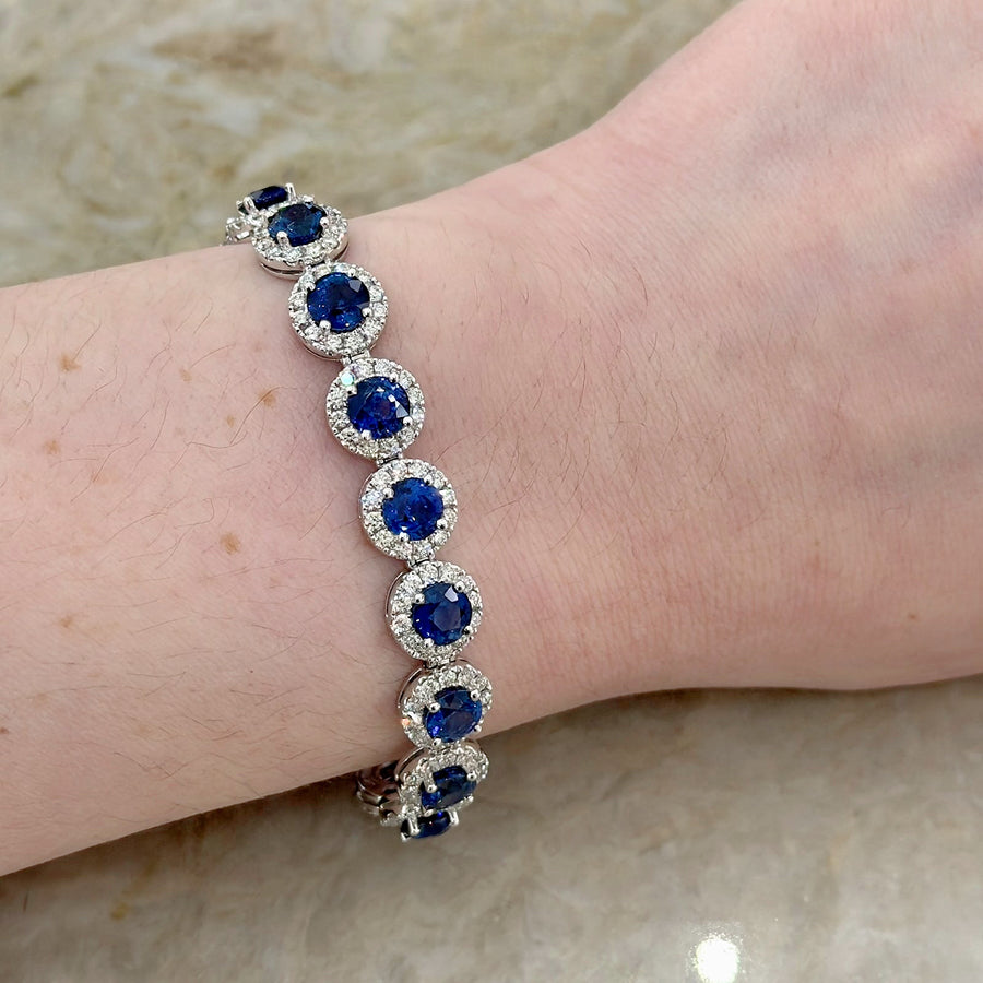 Round Brilliant Cut Sapphire Diamond Halo Line Bracelet