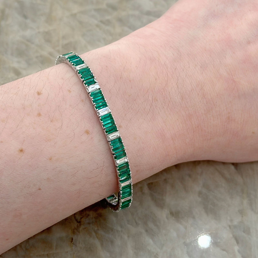 Emerald Cut Emerald and Diamond Line Bracelet