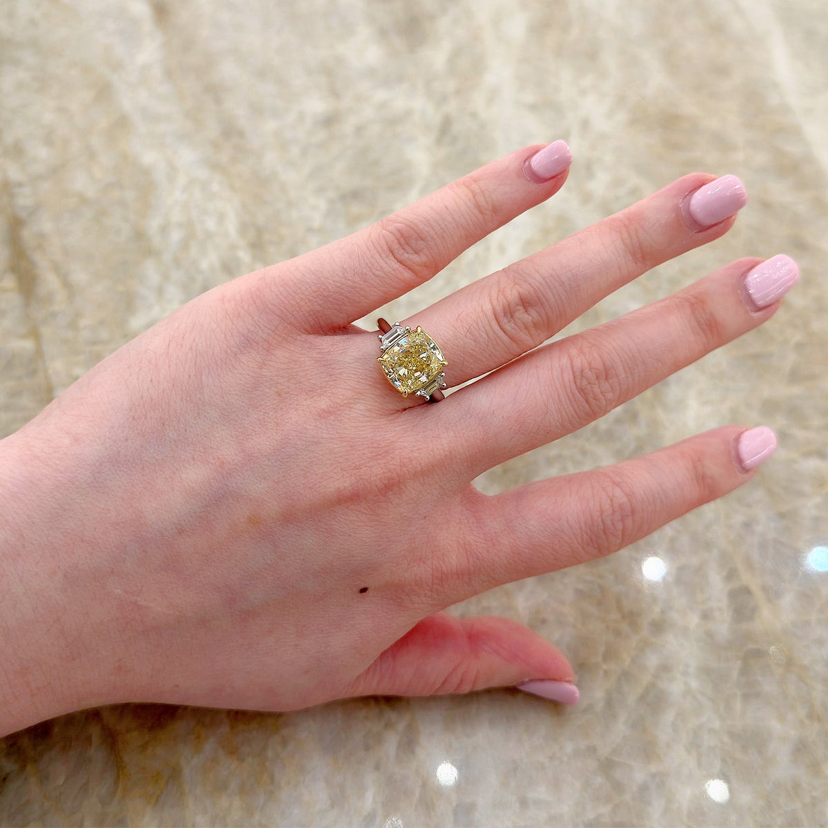 Cushion Cut Fancy Yellow Diamond 3 Stone Engagement Ring