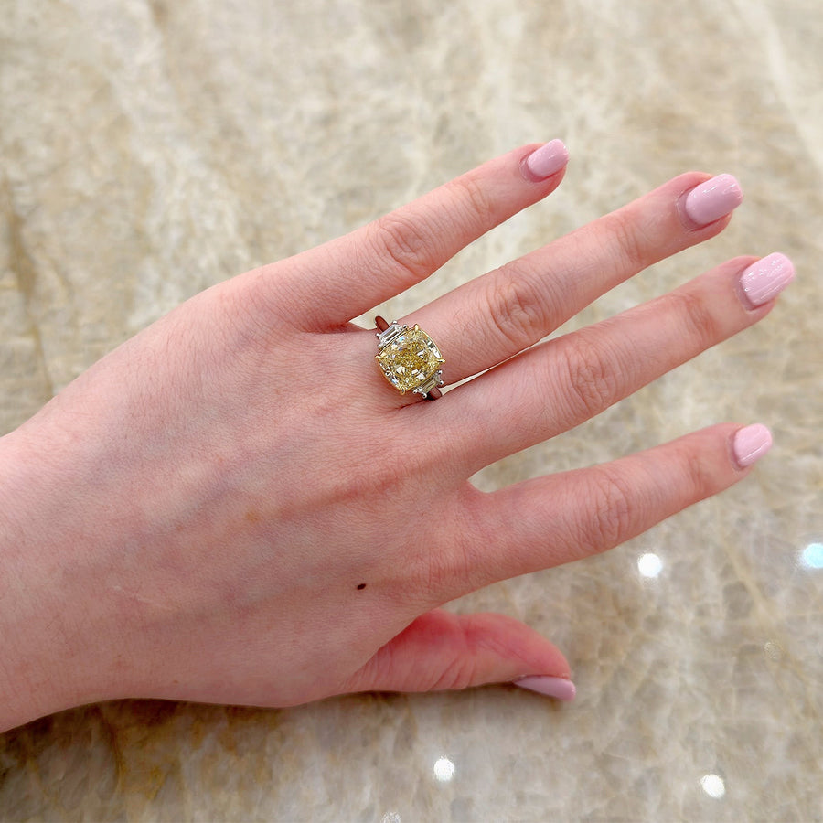 Cushion Cut Fancy Yellow Diamond 3 Stone Engagement Ring