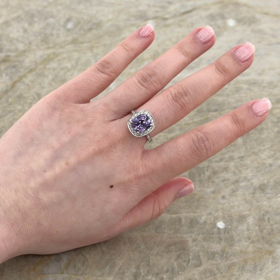 Cushion Cut Lavendar Spinel Diamond Halo Ring