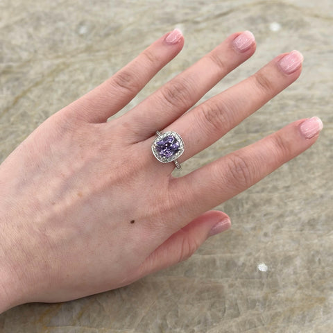 Cushion Cut Lavendar Spinel Diamond Halo Ring-Cushion Cut Lavendar Spinel Diamond Halo Ring