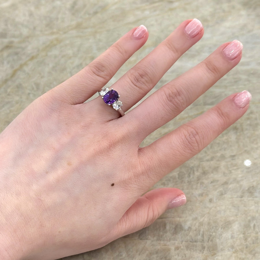Oval Brilliant Cut Purple Sapphire Diamond 3 Stone Ring