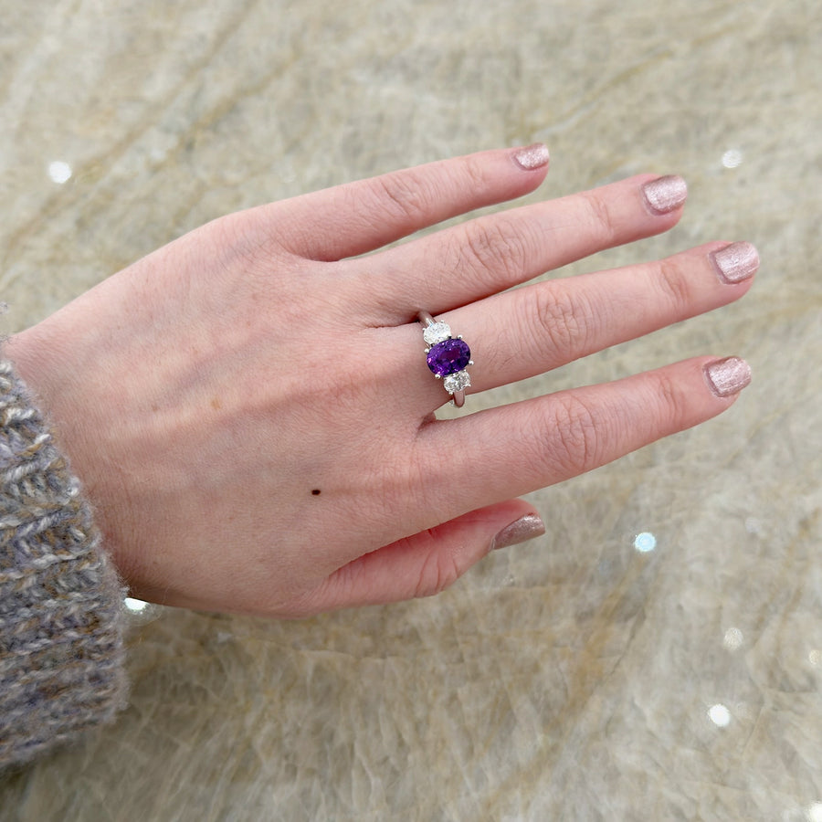 Oval Brilliant Cut Purple Sapphire Diamond 3 Stone Ring