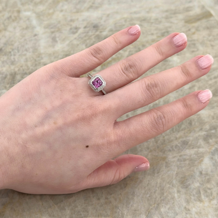 Pink Sapphire Diamond Halo Ring