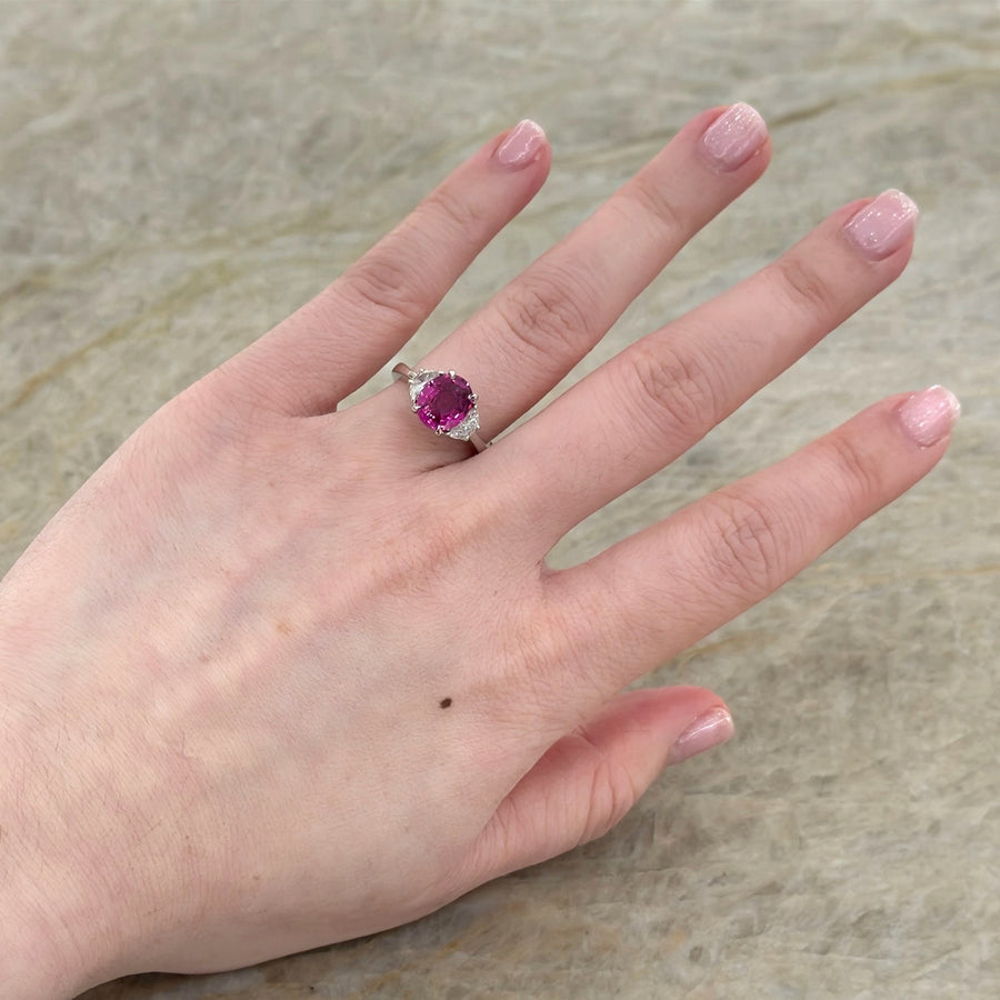 JB Star Purplish Pink Sapphire and Diamond 3 Stone Ring