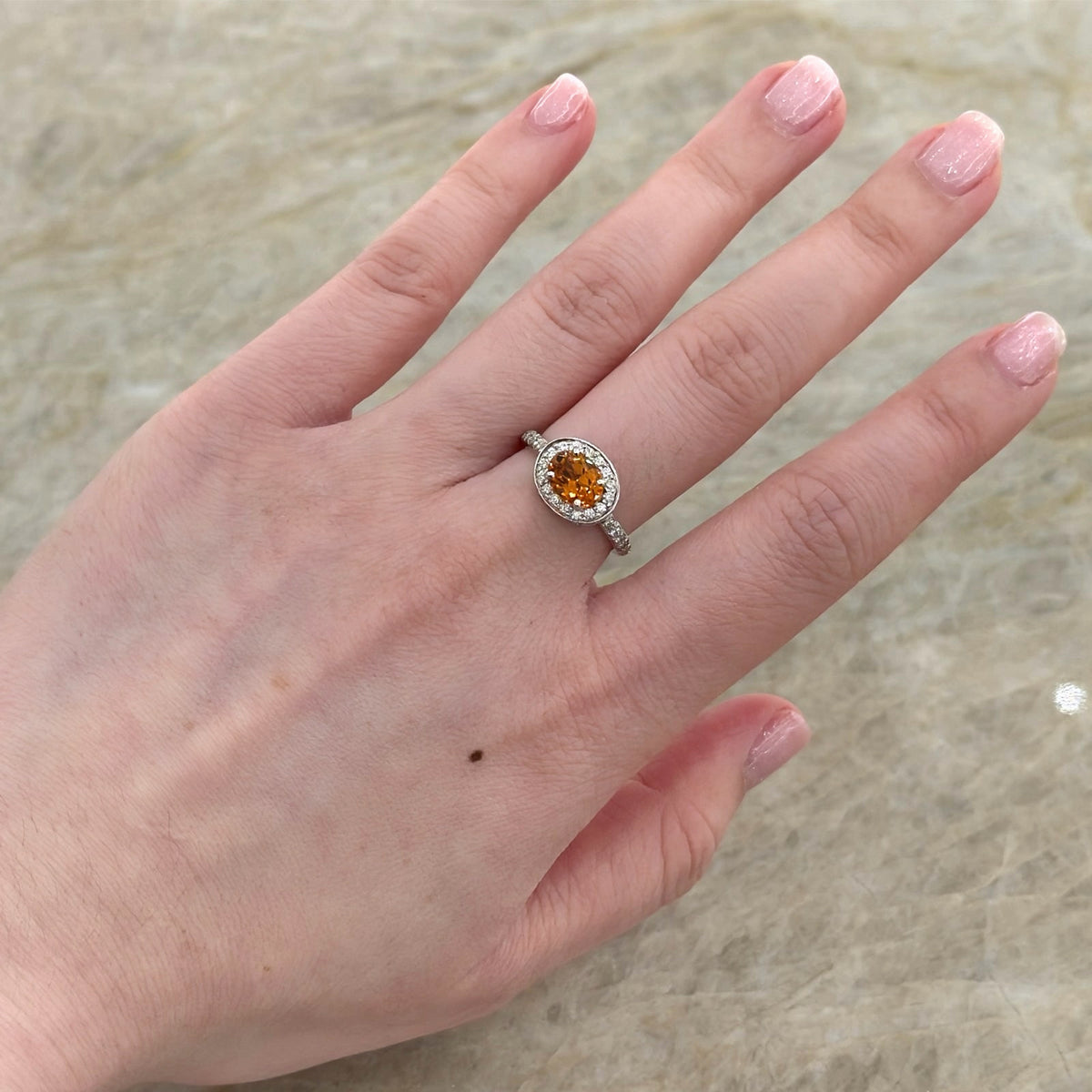 Oval Brilliant Cut East West Mandarin Orange Garnet Diamond Halo Ring