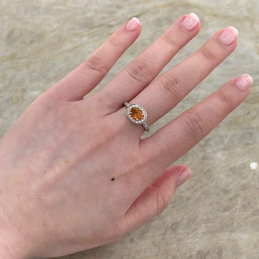 Oval Brilliant Cut East West Mandarin Orange Garnet Diamond Halo Ring