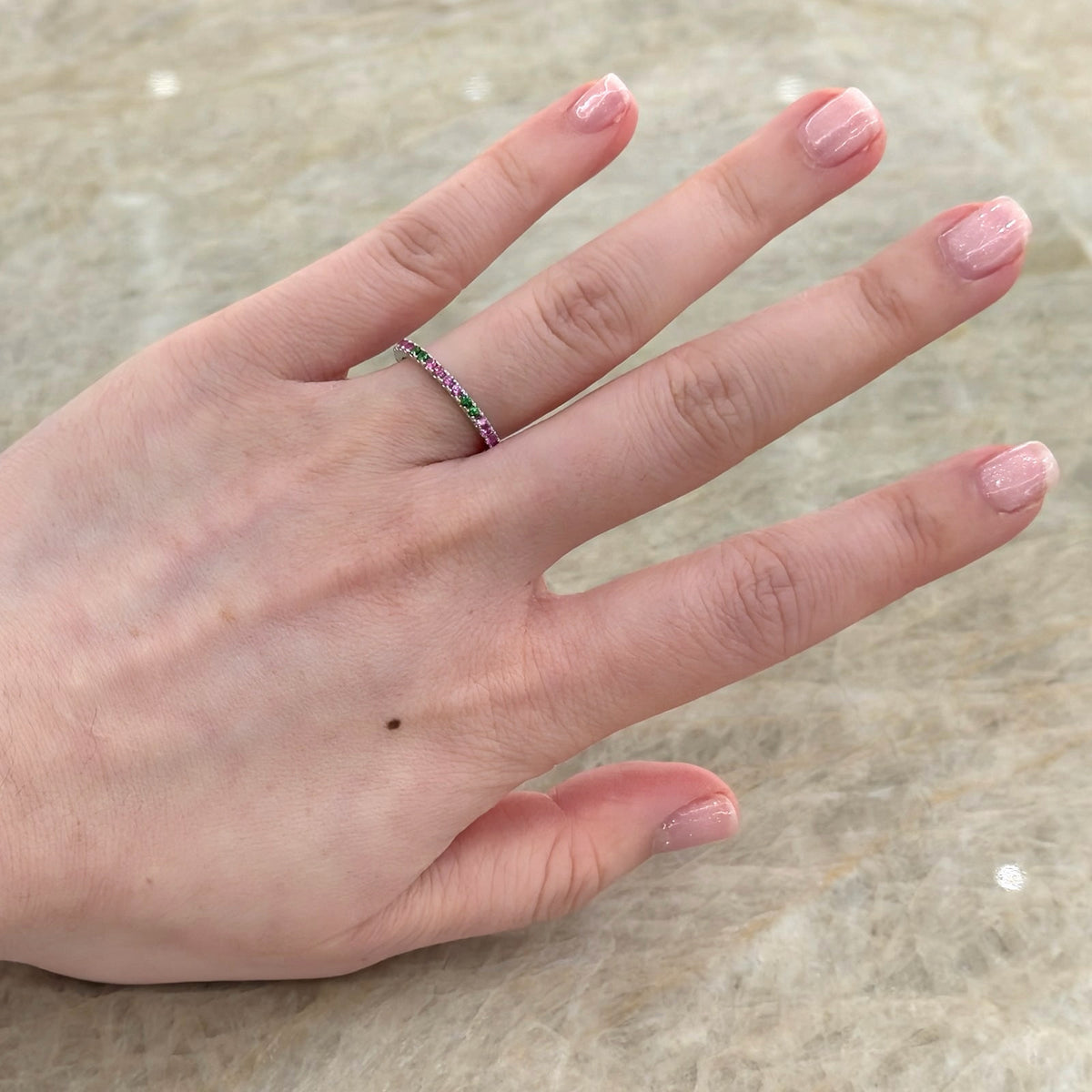 Pink Sapphire and Green Garnet Alternating Eternity Band