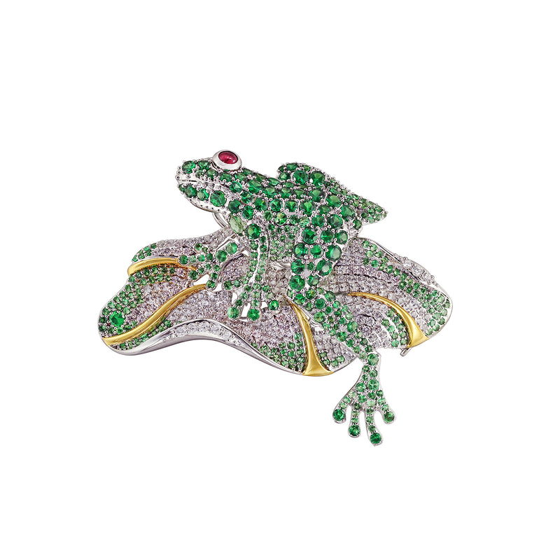 Multi-Colored Stones and Diamonds Frog on Lily Pad Brooch-Multi-Colored Stones and Diamonds Frog on Lily Pad Brooch