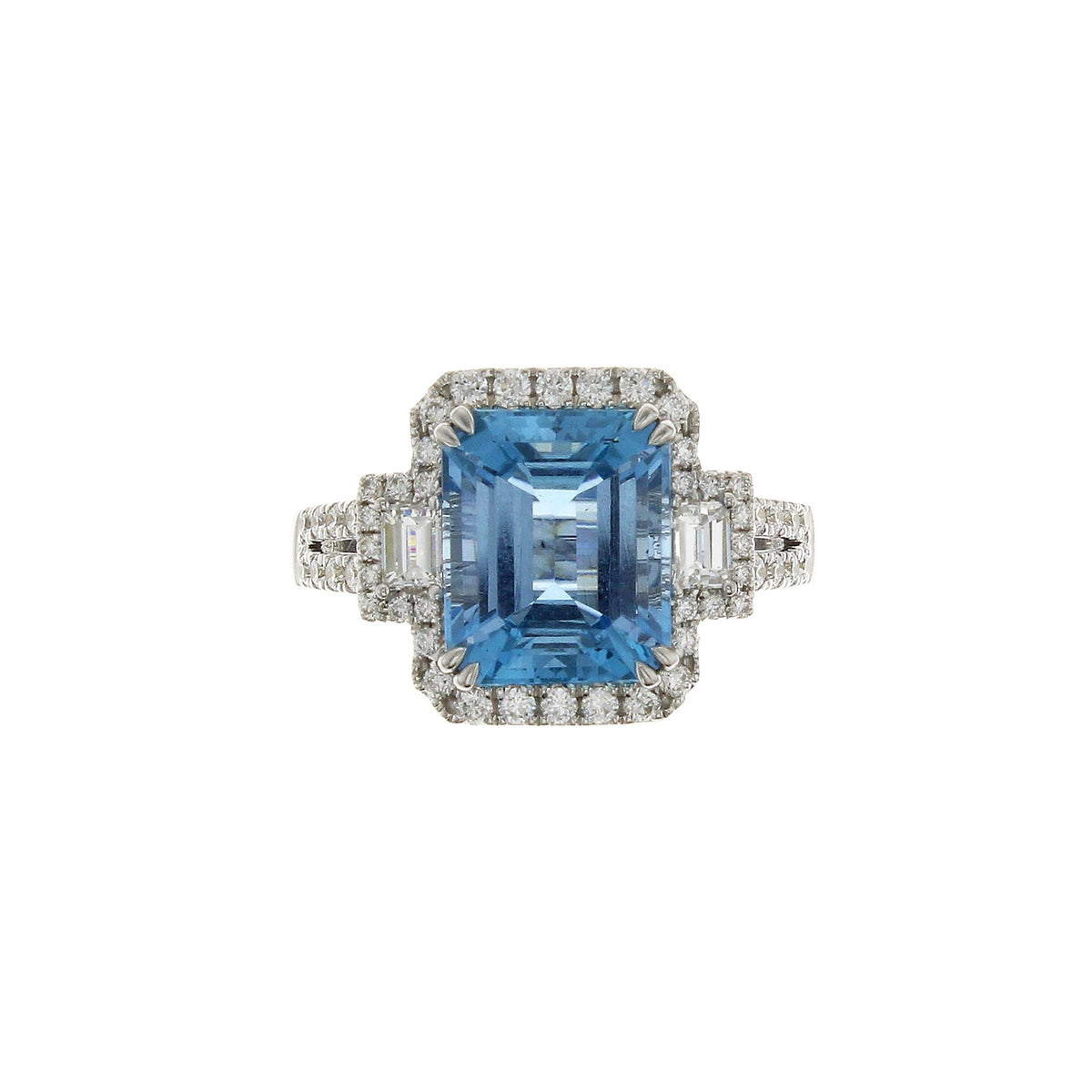 Art Deco Aquamarine and Diamond Three Stone Halo Cocktail Split Shank Ring