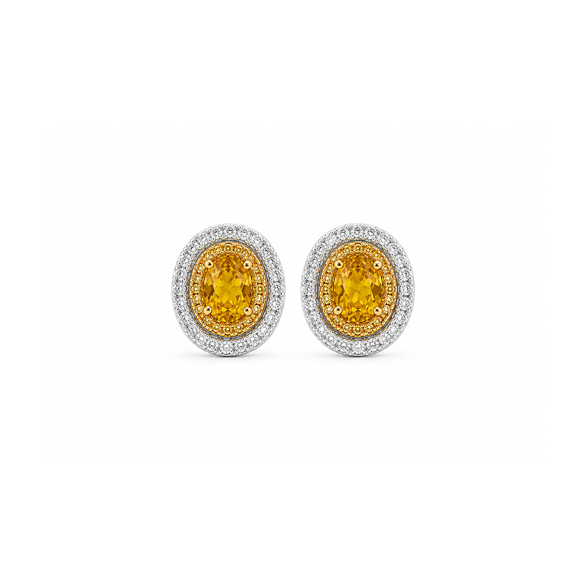 Oval Brilliant Cut Yellow Sapphire Double Diamond Halo Stud Earrings