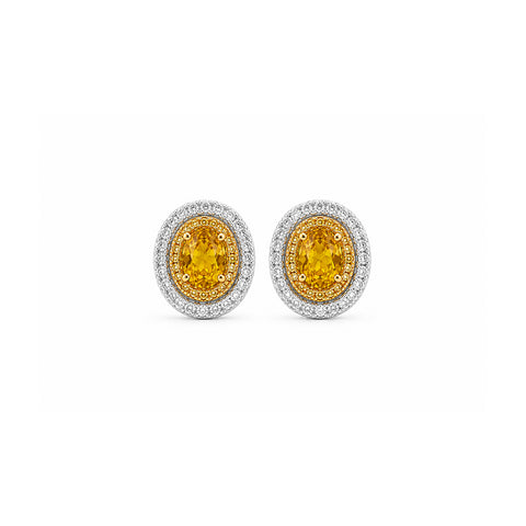 Oval Brilliant Cut Yellow Sapphire Double Diamond Halo Stud Earrings-Oval Brilliant Cut Yellow Sapphire Double Diamond Halo Stud Earrings