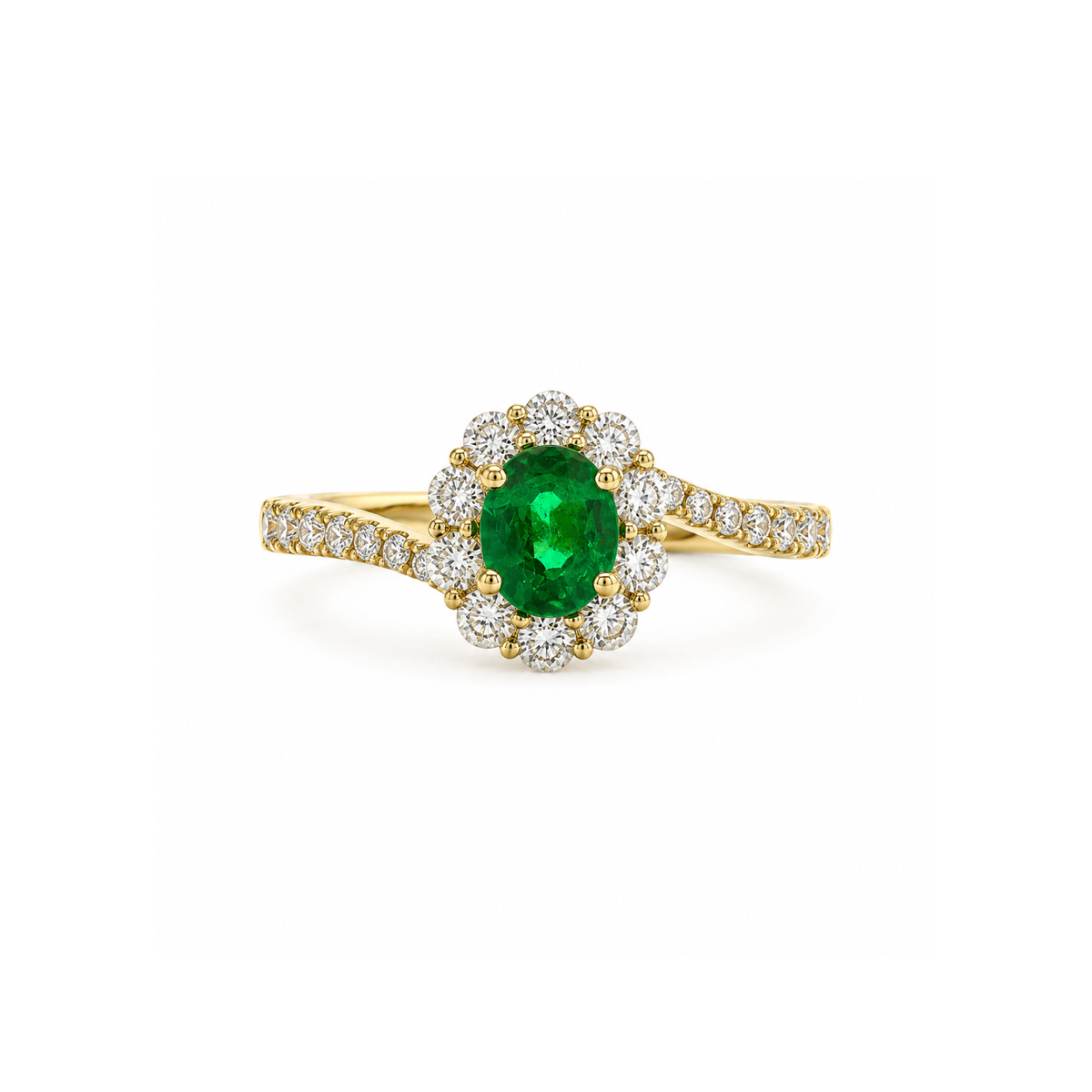 Oval Brilliant Cut Emerald Diamond Halo Bypass Shank Ring