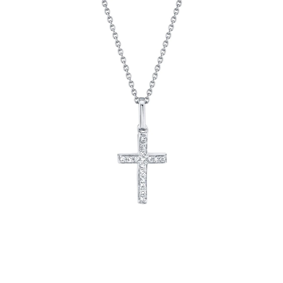 Shy Creation Diamond Cross Necklace in 14 karat white gold with diamonds totaling 0.06 carats.
