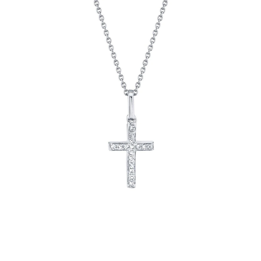 Shy Creation Diamond Cross Necklace in 14 karat white gold with diamonds totaling 0.06 carats.
