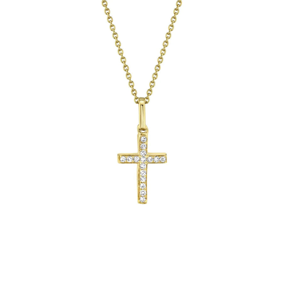 Shy Creation Diamond Cross Necklace in 14 karat yellow gold with diamonds totaling 0.06 carats.