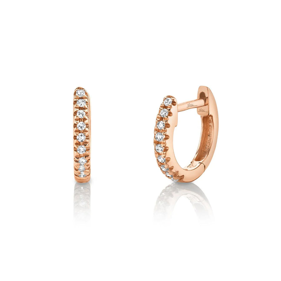 Shy Creation Diamond Mini Huggie Earrings in 14 karat rose gold with diamonds totaling 0.04 carats