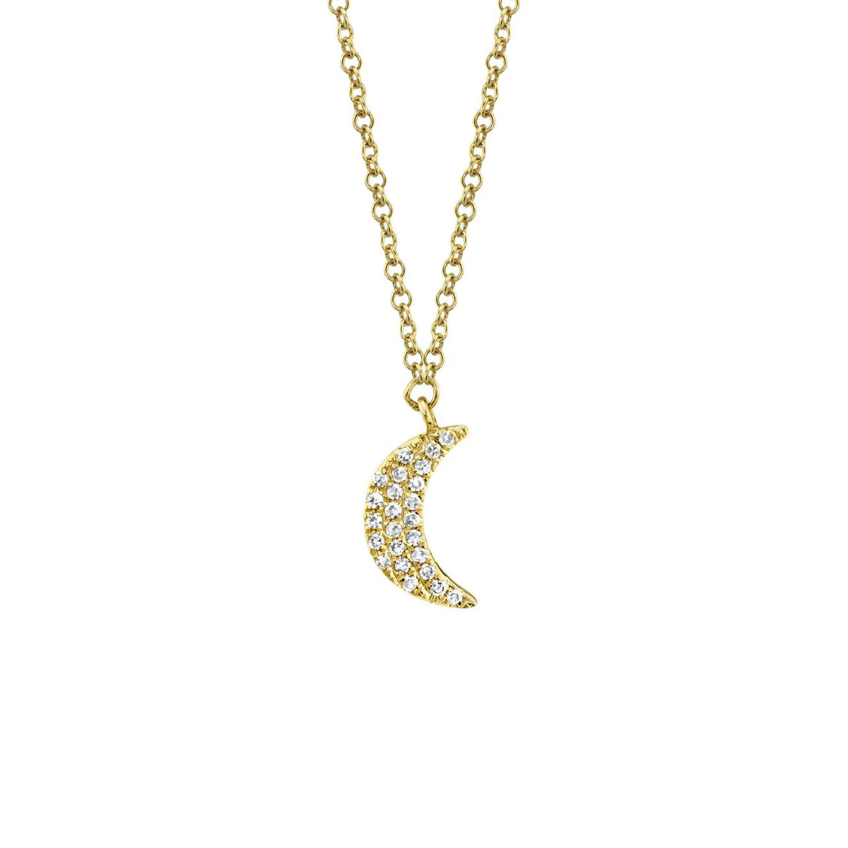 Shy Creation Diamond Crescent Moon Necklace in 14 karat yellow gold with diamonds totaling 0.06 carats.