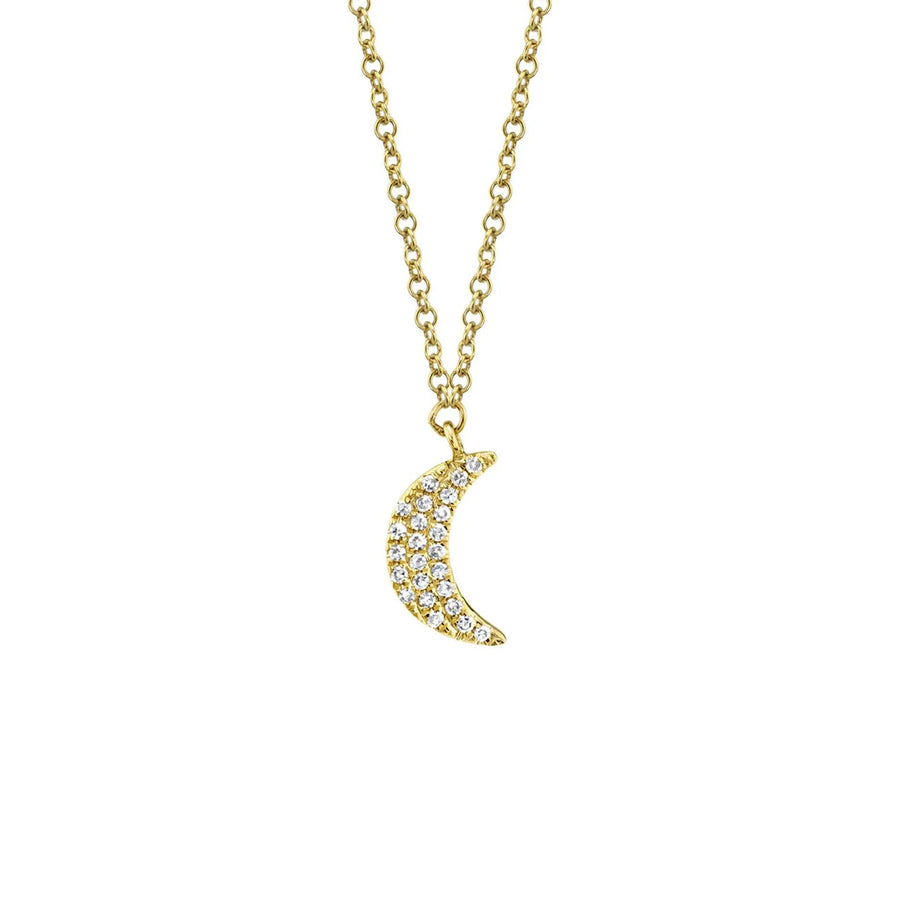 Shy Creation Diamond Crescent Moon Necklace in 14 karat yellow gold with diamonds totaling 0.06 carats.