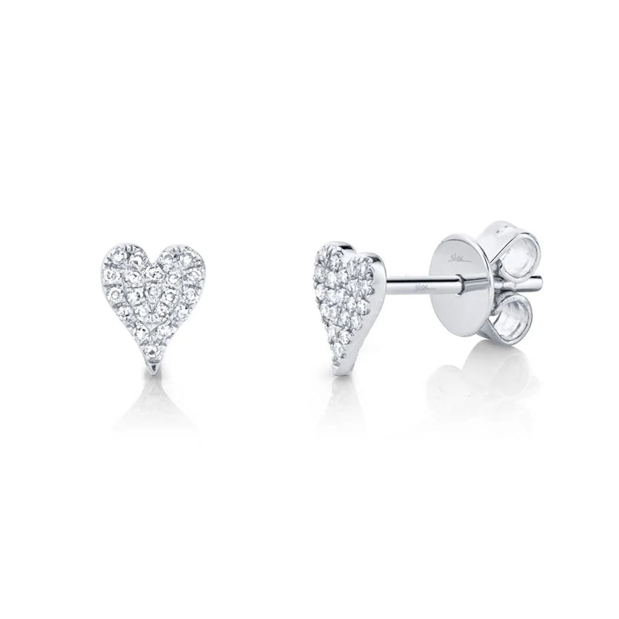 Shy Creation Diamond Heart Stud Earrings in 14 karat white gold with diamonds totaling 0.10 carats.