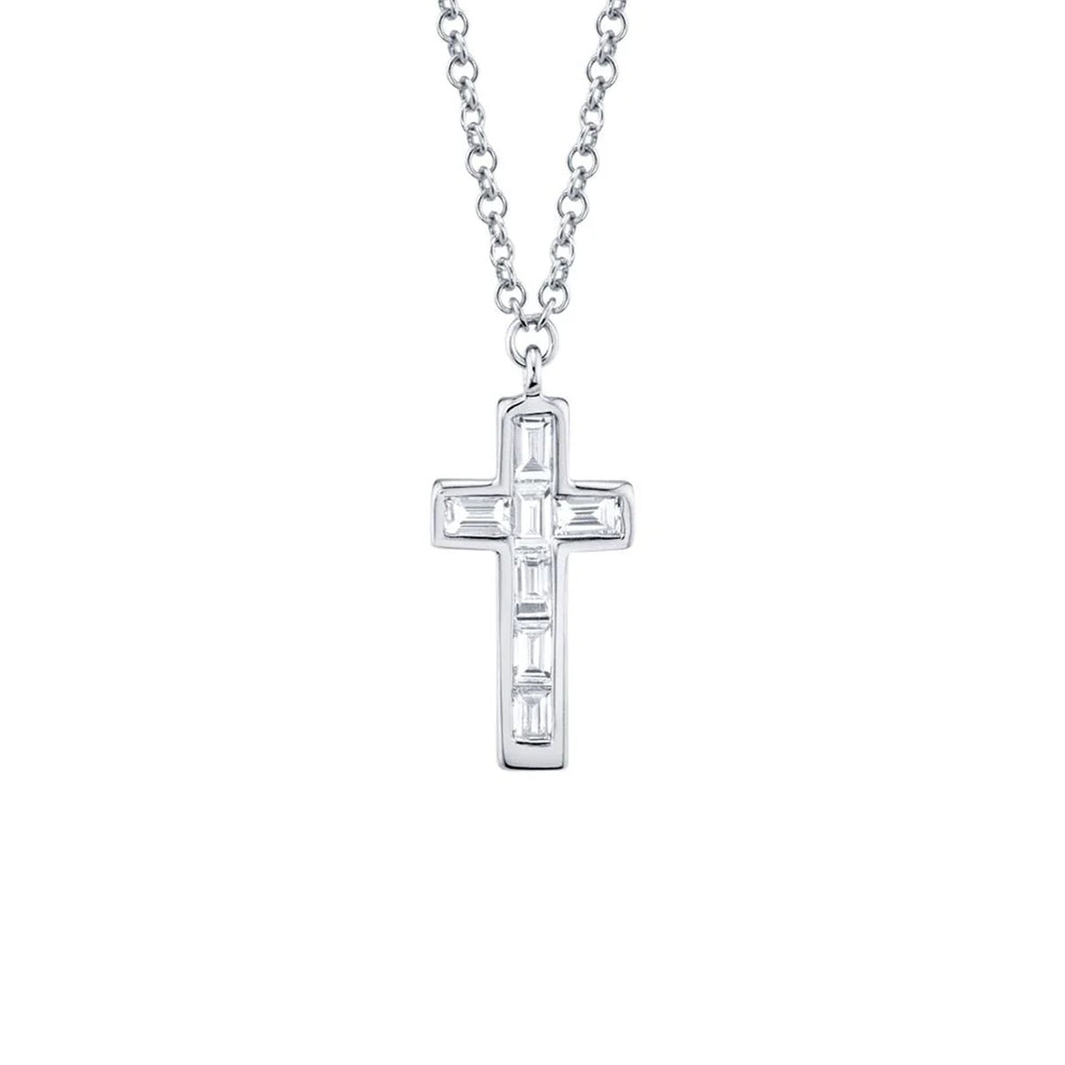 Shy Creation Diamond Baguette Cross Necklace in 14 karat white gold with diamonds totaling 0.17 carats.