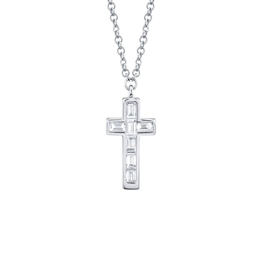 Shy Creation Diamond Baguette Cross Necklace in 14 karat white gold with diamonds totaling 0.17 carats.